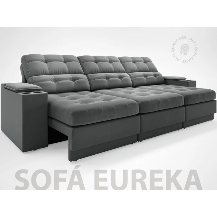 Sofá com Porta Copos e Carregador USB Eureka 2,30m Assento Retrátil e Reclinável Velosuede Grafite