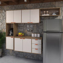 Armário De Cozinha Suspenso Compacto 7 Portas 3 Gavetas Off White Madeirado Estilo Nórdico Romeu