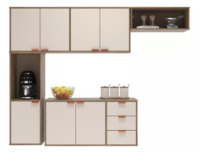 Armário De Cozinha Suspenso Compacto 7 Portas 3 Gavetas Off White Madeirado Estilo Nórdico Romeu