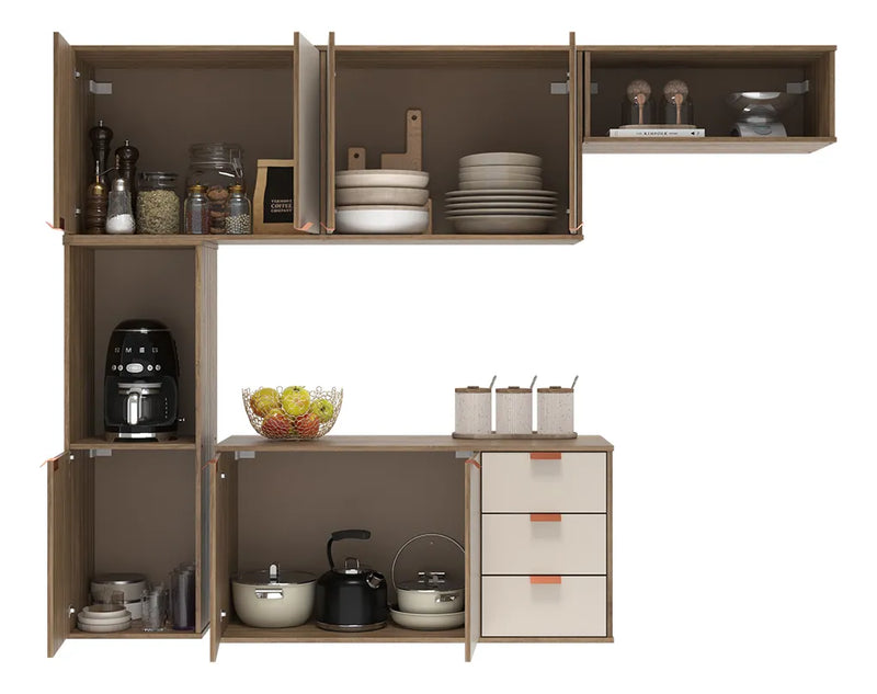 Armário De Cozinha Suspenso Compacto 7 Portas 3 Gavetas Off White Madeirado Estilo Nórdico Romeu