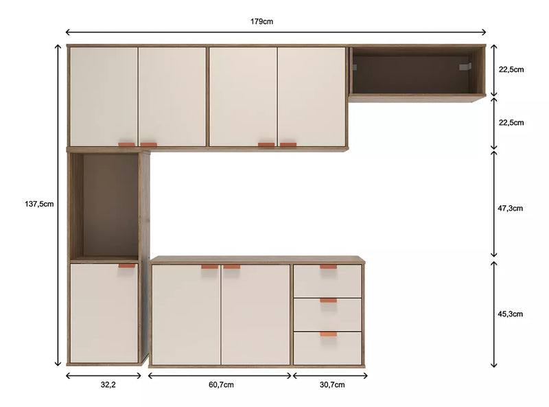 Armário De Cozinha Suspenso Compacto 7 Portas 3 Gavetas Off White Madeirado Estilo Nórdico Romeu