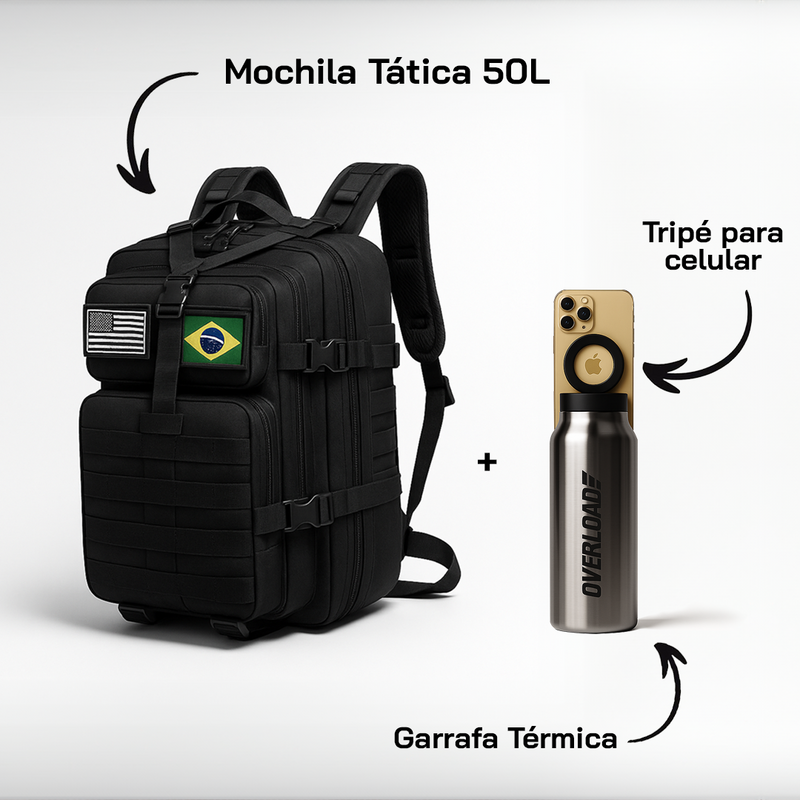 Mochila Tática Overload 50L + Garrafa Térmica Tripé de brinde!